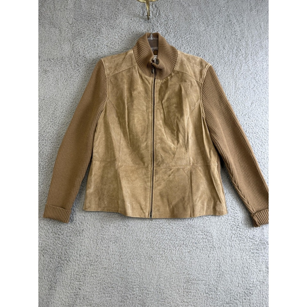 Covington Jacket Womens Large Tan‎ Suede Leather Front Knit Zip Elbow Patches